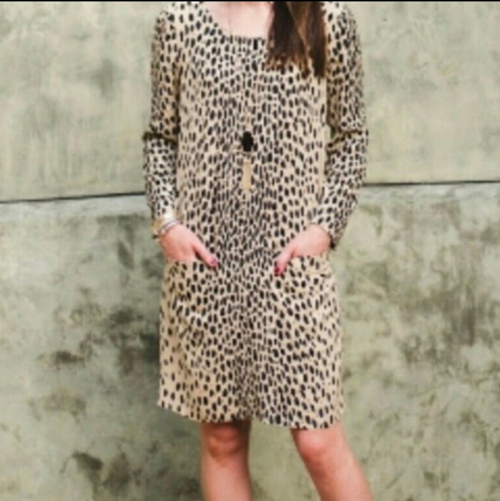 JCREW LEOPARD SHIFT DRESS WITH POCKETS, CAMEL/BLACK  2 - Picture 2 of 9